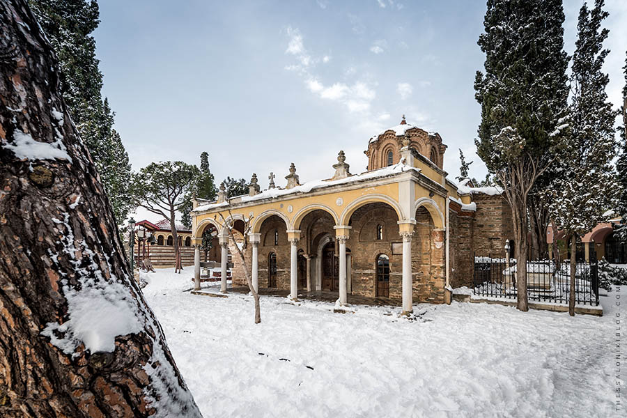The Katholikon of Vlatadon Monastery Snow-covered