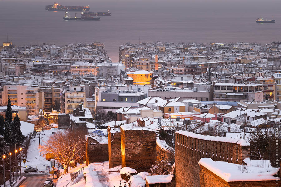 Thessaloniki Snow Covered at Dusk as seen from the East Wall