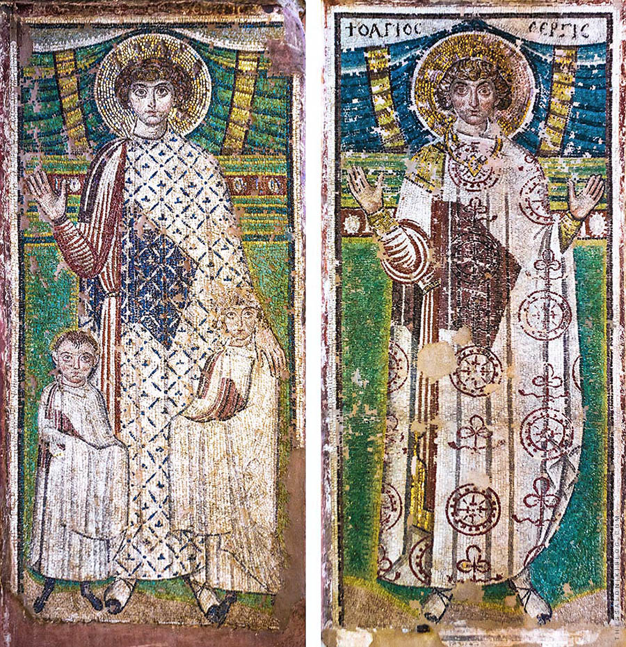 Τα μωσαϊκά του Αγίου Γεωργίου (αριστερά) και του Αγίου Σέργιου (δεξιά) στον ναό του Αγίου Δημητρίου Θεσσαλονίκης (UNESCO)