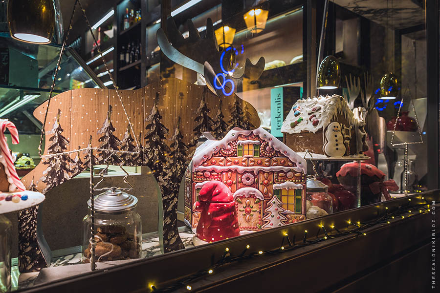 Christmas Decorations in a Bakery's Window Display